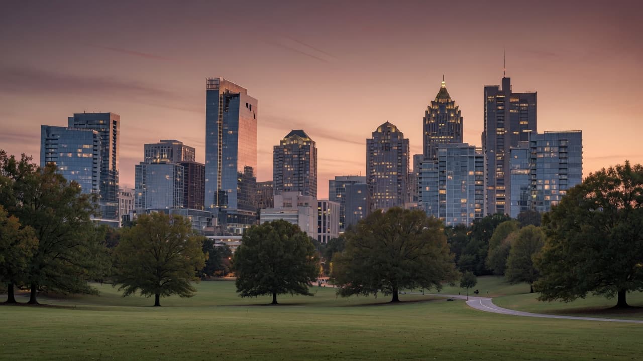 Midtown Atlanta skyline at dusk from Piedmont Park