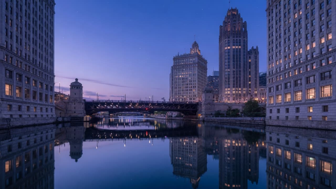 The Chicago River at blue hour, looking toward the Wrigley Building and Tribune Tower