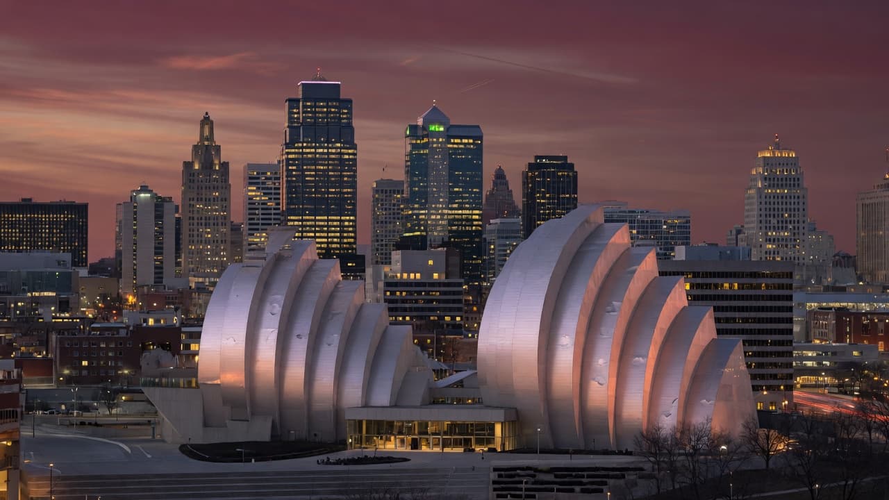 Downtown Kansas City at dusk, with the Kauffman Center for the Performing Arts in the foreground