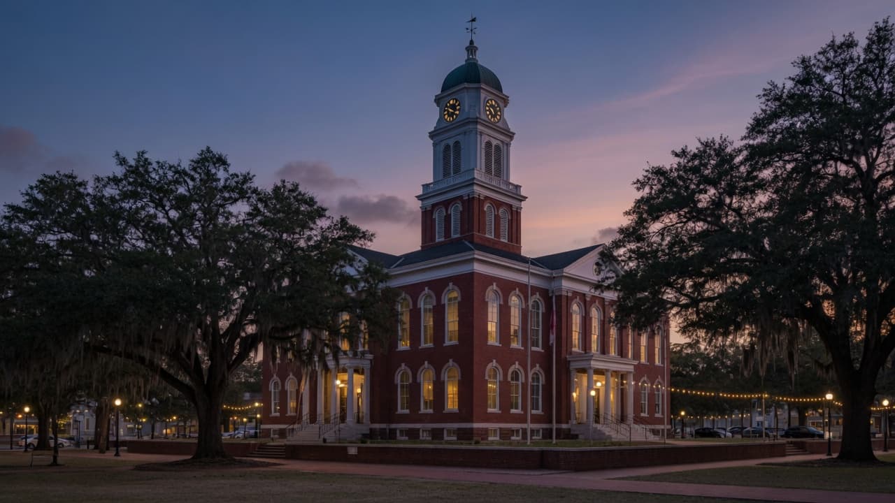 The historic courthouse square in Lawrenceville, Gwinnett County, at dusk