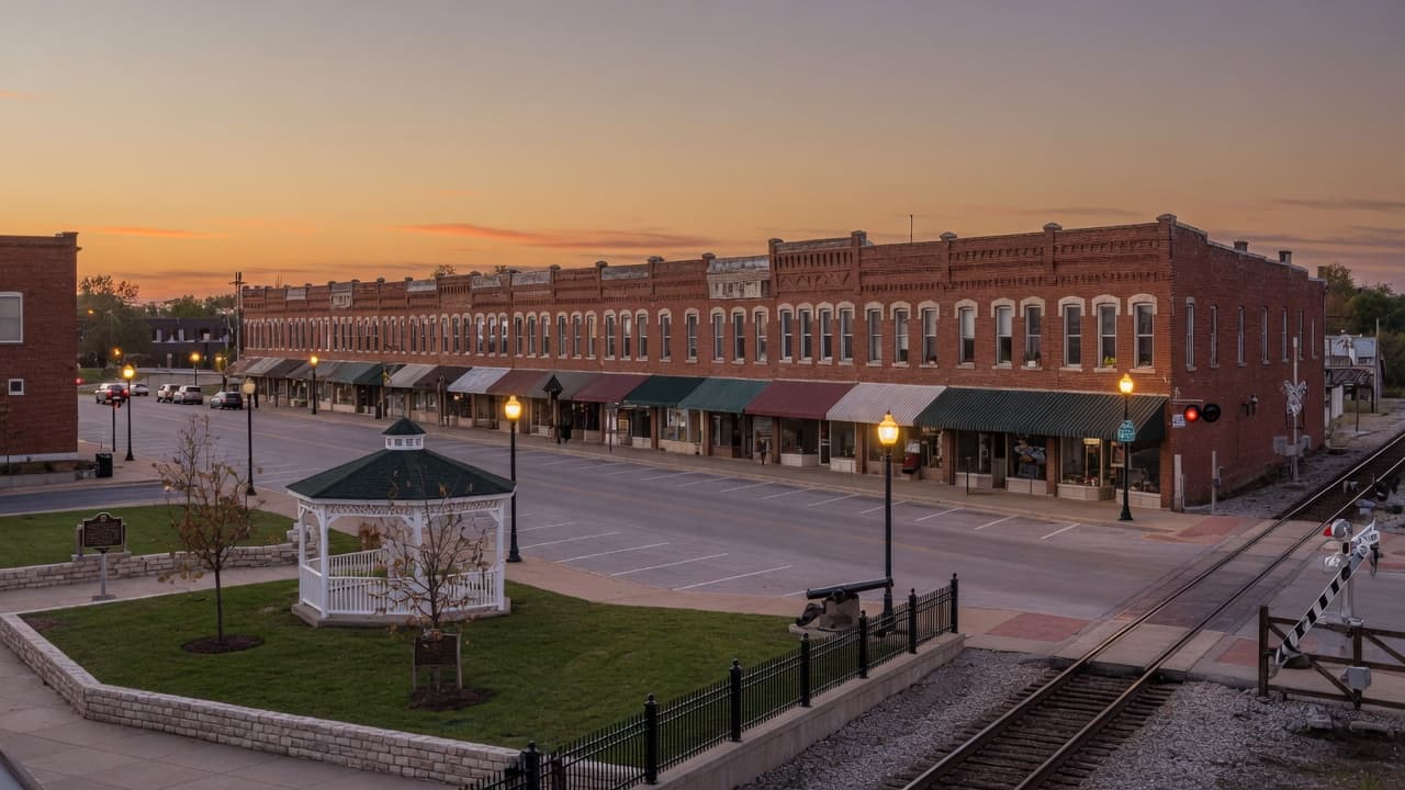 Historic downtown Lee’s Summit, Missouri, at dusk beside the railroad
