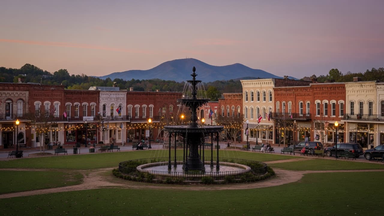 Marietta Square in Cobb County, Georgia, at dusk, with Kennesaw Mountain beyond